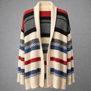 American Eagle Womens M Striped‎ Shawl Collar Open Front Cardigan Sweater Multi